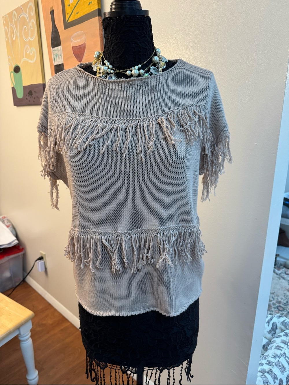 Ladies Fringed Knit Short Sleeve Top in Light Taupe, very nice
